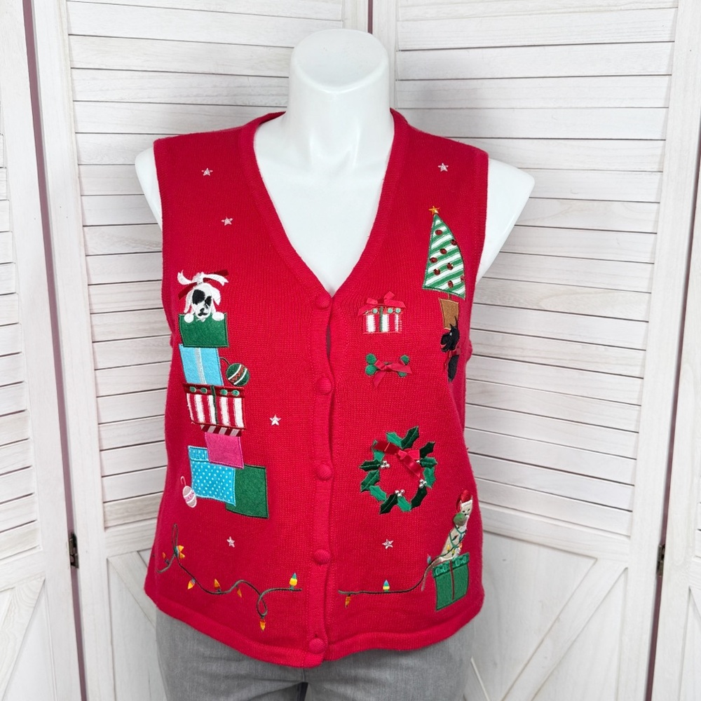 Vintage Westbound Embroidered Pets Christmas‎ V Neck Sweater Vest Red Large